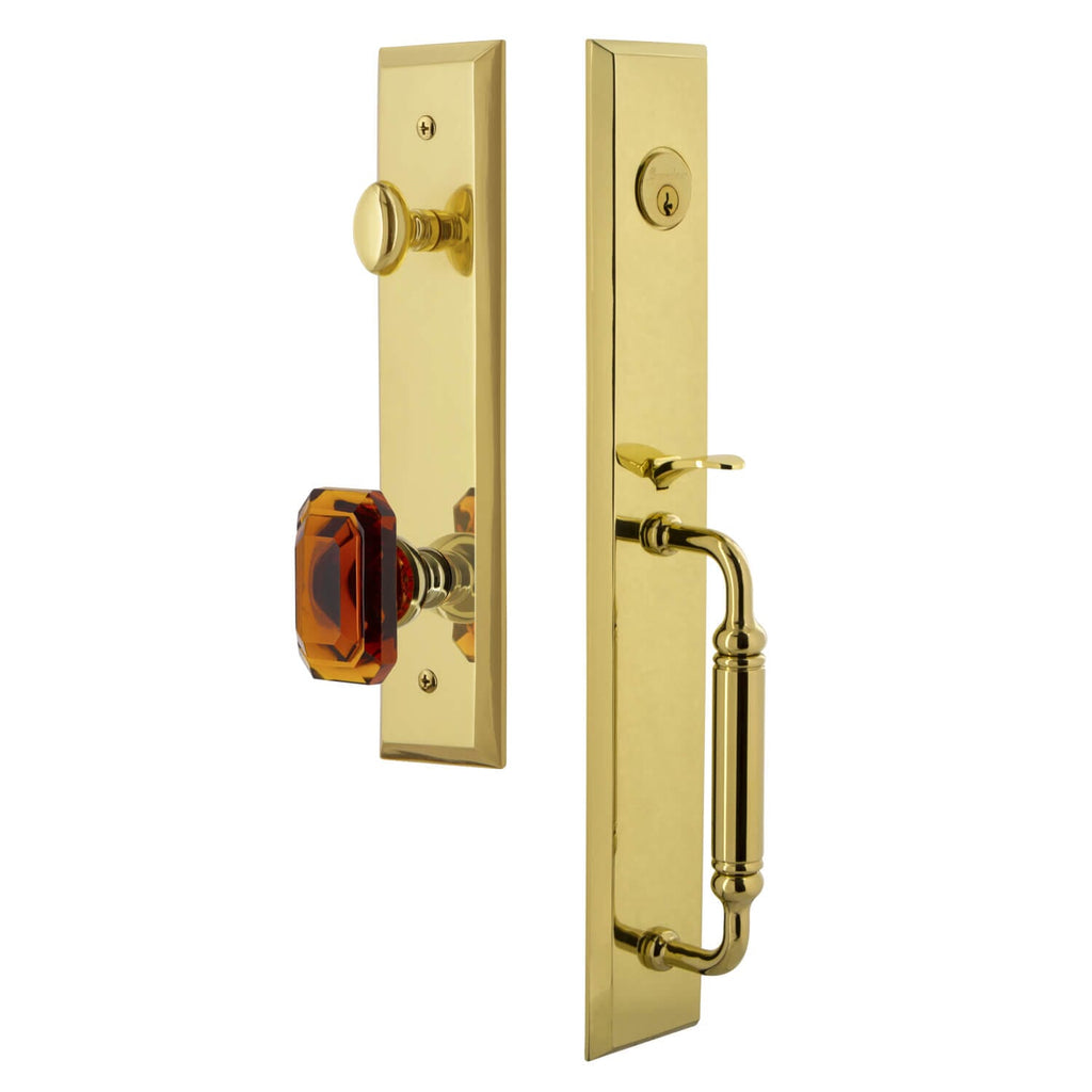 Fifth Avenue One-Piece Handleset with C Grip and Baguette Amber Knob in Lifetime Brass