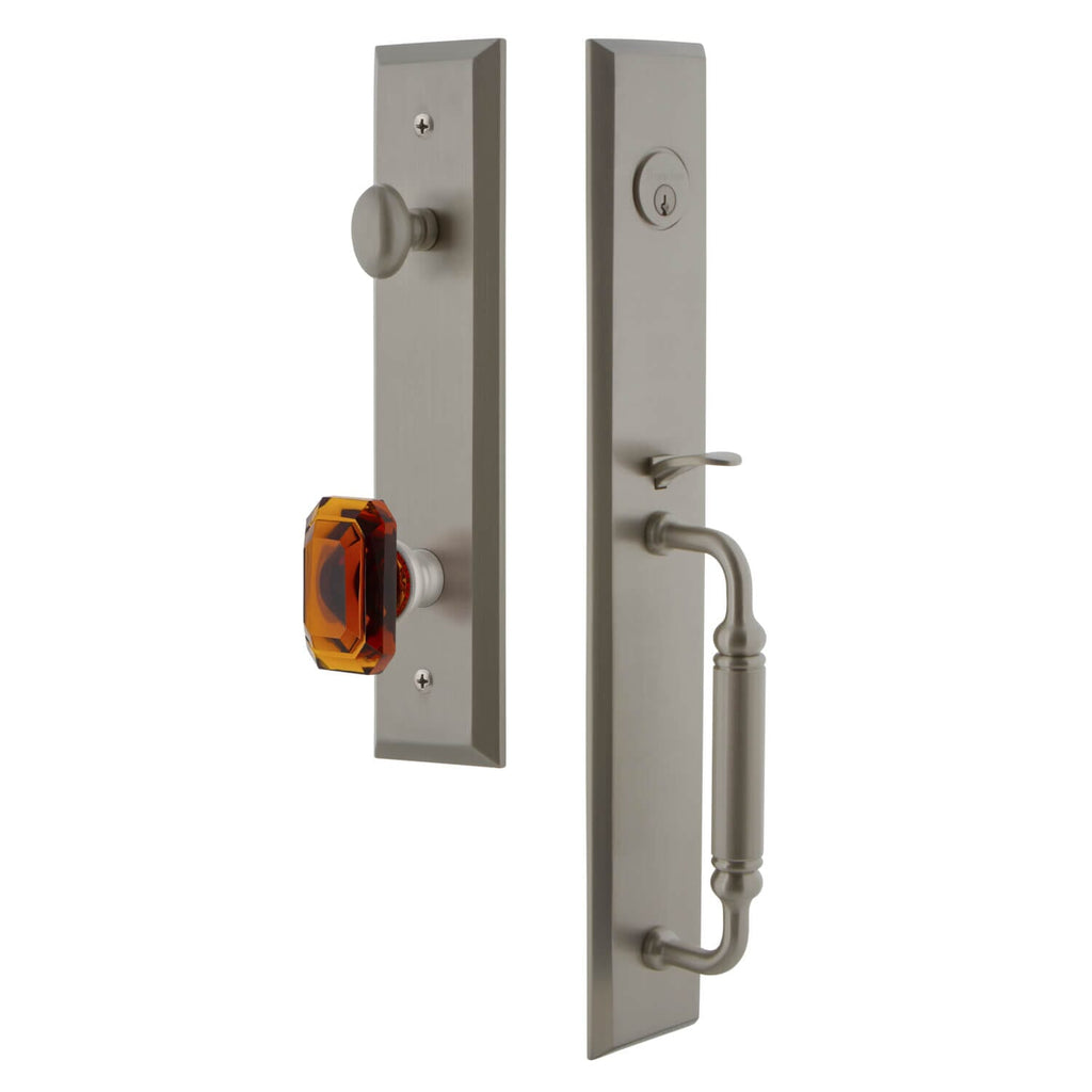 Fifth Avenue One-Piece Handleset with C Grip and Baguette Amber Knob in Satin Nickel