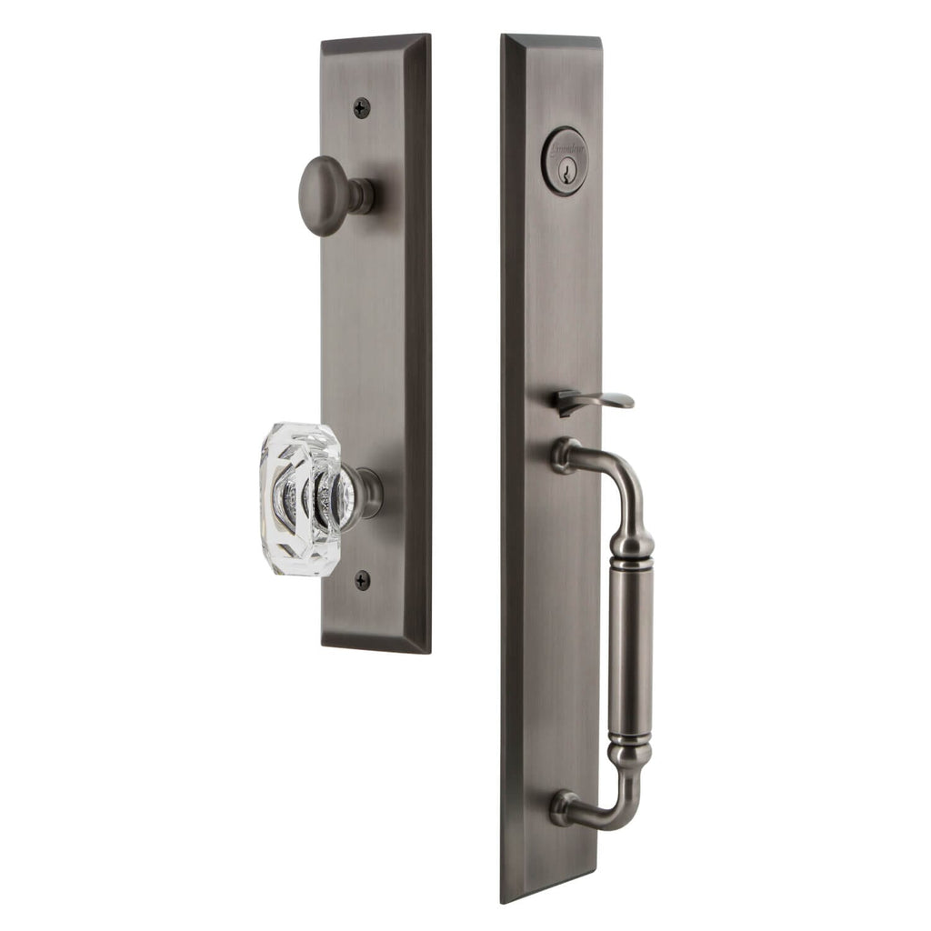 Fifth Avenue One-Piece Handleset with C Grip and Baguette Clear Crystal Knob in Antique Pewter