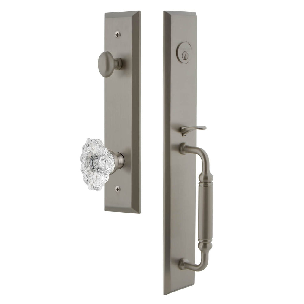 Fifth Avenue One-Piece Handleset with C Grip and Biarritz Knob in Satin Nickel