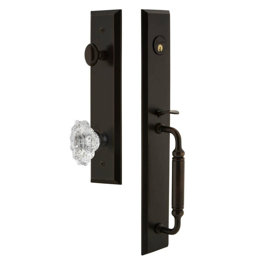 Fifth Avenue One-Piece Handleset with C Grip and Biarritz Knob in Timeless Bronze