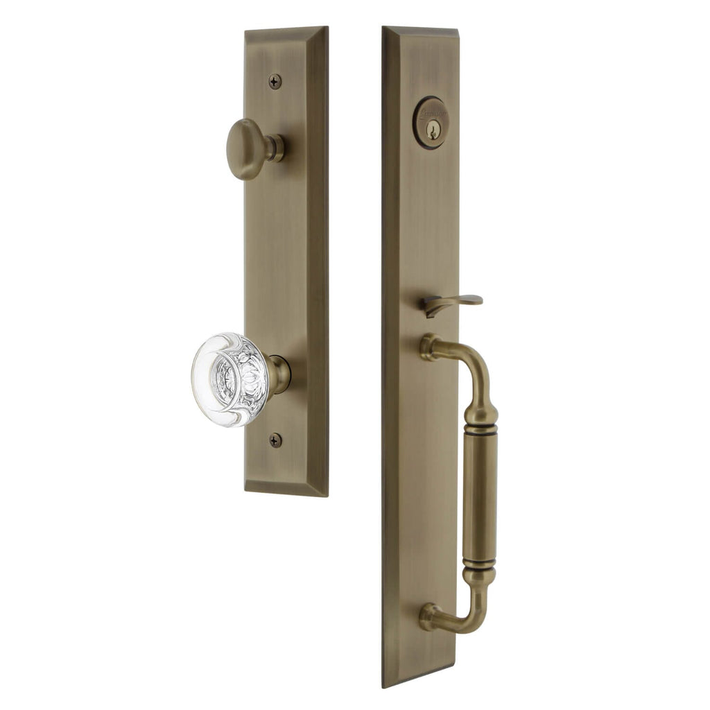 Fifth Avenue One-Piece Handleset with C Grip and Bordeaux Knob in Vintage Brass