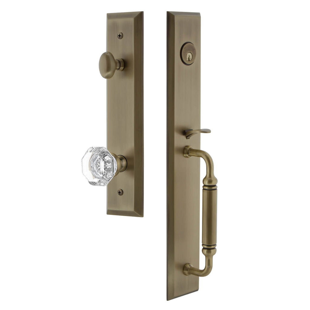 Fifth Avenue One-Piece Handleset with C Grip and Chambord Crystal Knob in Vintage Brass