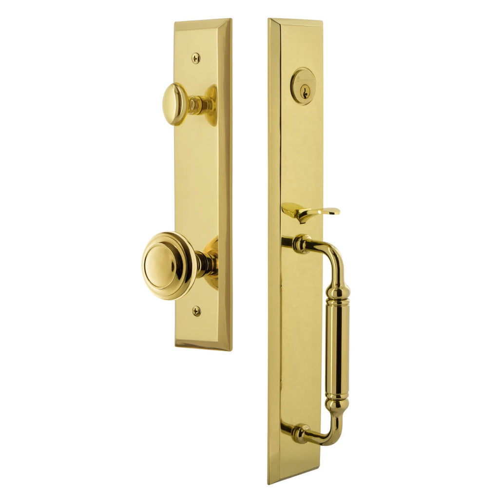 Fifth Avenue One-Piece Handleset with C Grip and Circulaire Knob in Lifetime Brass