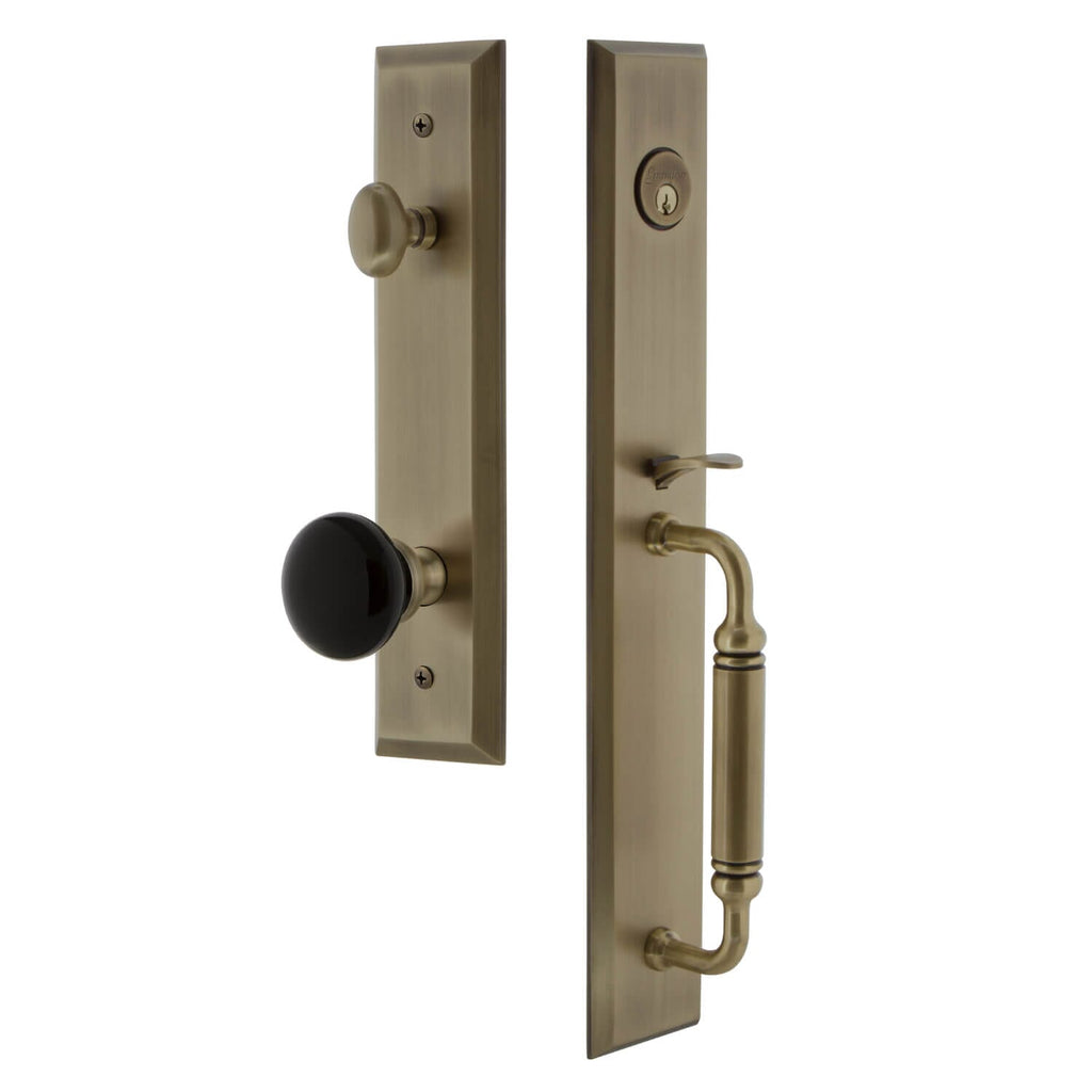 Grandeur Fifth Avenue One-Piece Handleset with C Grip and Coventry Knob in Vintage Brass