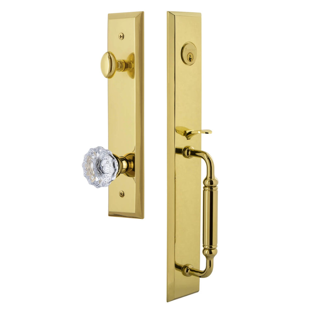 Fifth Avenue One-Piece Handleset with C Grip and Fontainebleau Knob in Lifetime Brass