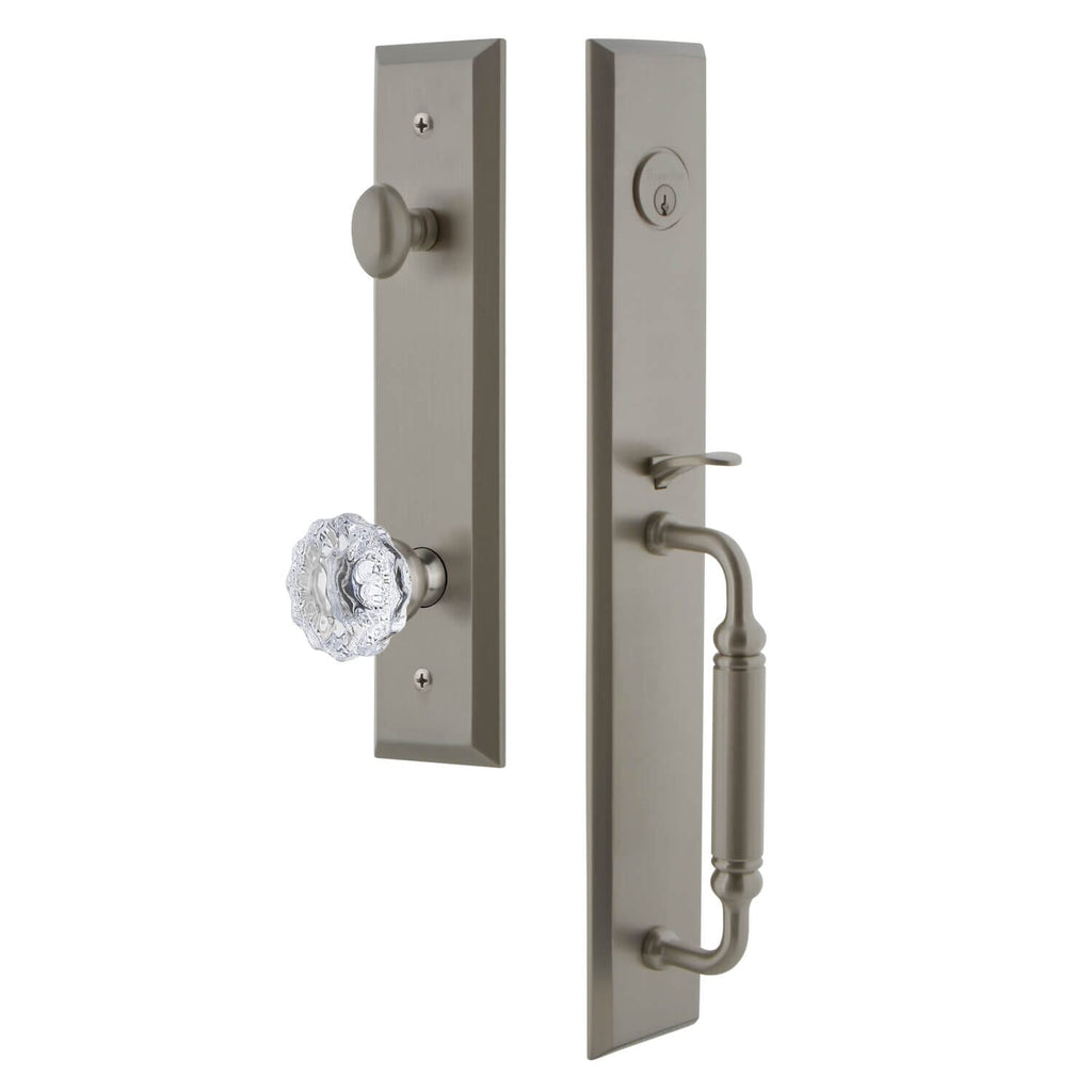 Fifth Avenue One-Piece Handleset with C Grip and Fontainebleau Knob in Satin Nickel