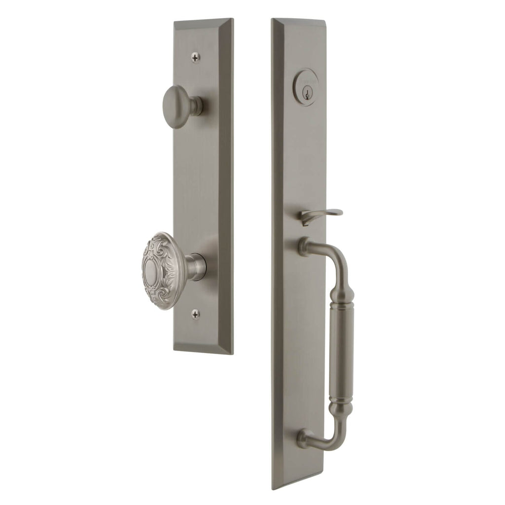 Fifth Avenue One-Piece Handleset with C Grip and Grande Victorian Knob in Satin Nickel