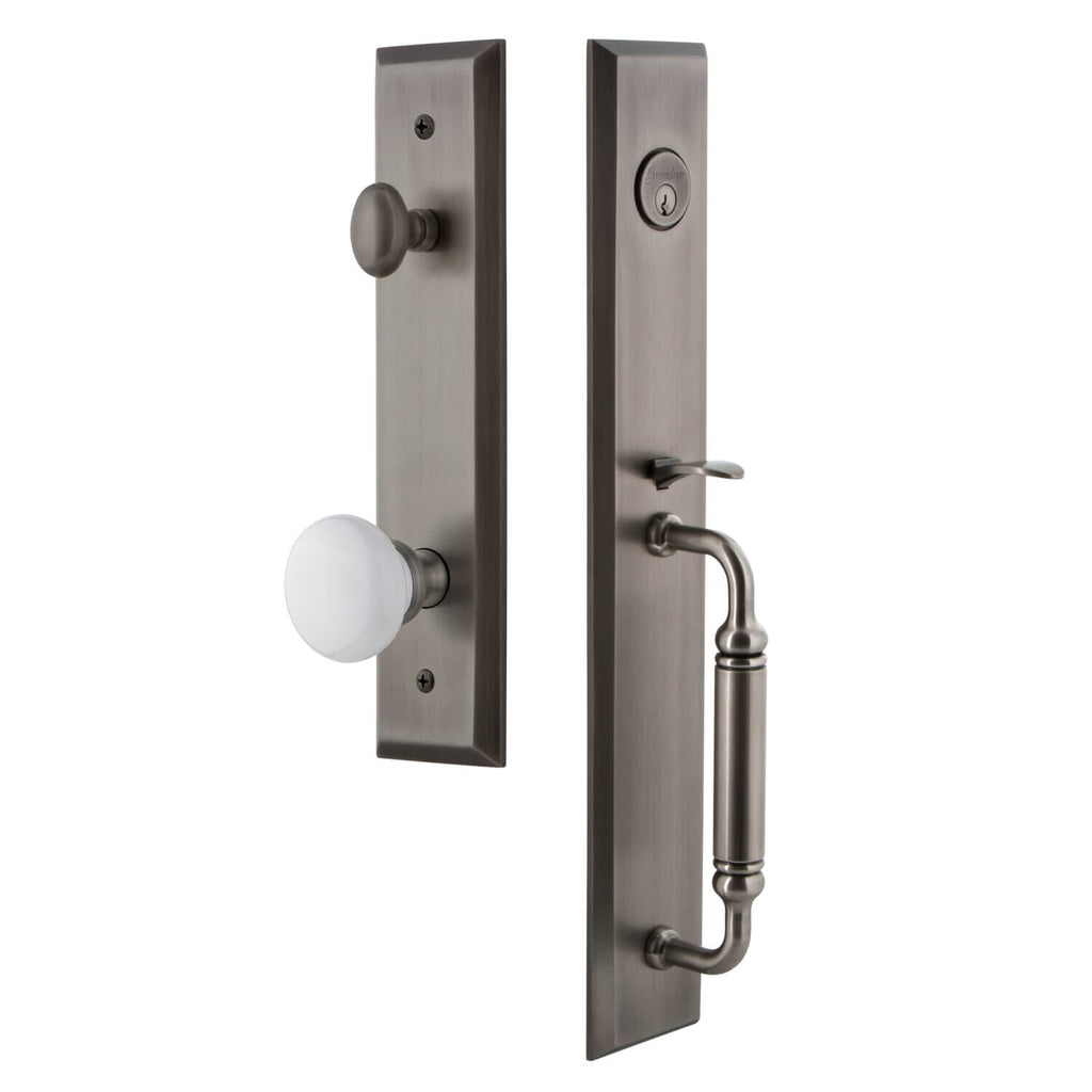 Fifth Avenue One-Piece Handleset with C Grip and Hyde Park Knob in Antique Pewter