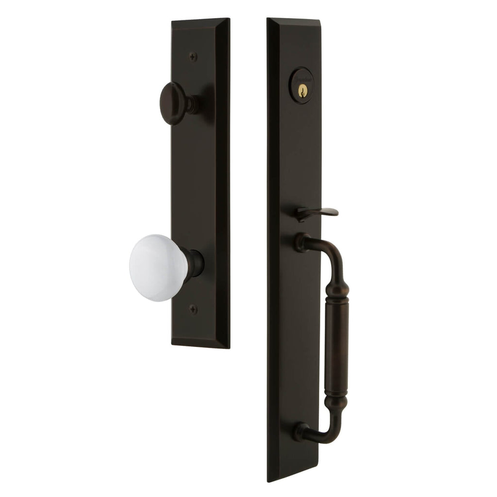 Fifth Avenue One-Piece Handleset with C Grip and Hyde Park Knob in Timeless Bronze