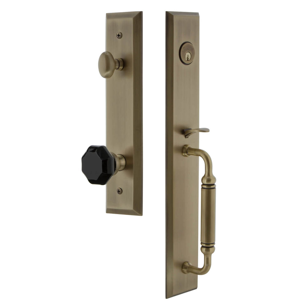 Grandeur Fifth Avenue One-Piece Handleset with C Grip and Lyon Knob in Vintage Brass