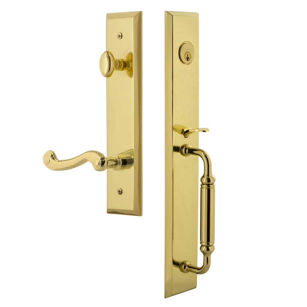 Fifth Avenue One-Piece Handleset with C Grip and Newport Lever in Lifetime Brass