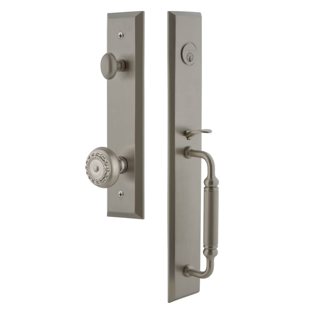 Fifth Avenue One-Piece Handleset with C Grip and Parthenon Knob in Satin Nickel