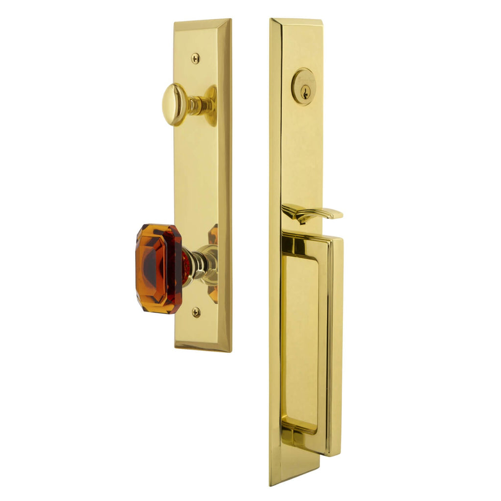 Fifth Avenue One-Piece Handleset with D Grip and Baguette Amber Knob in Lifetime Brass