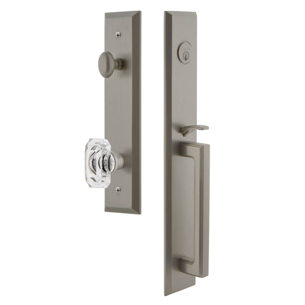 Fifth Avenue One-Piece Handleset with D Grip and Baguette Clear Crystal Knob in Satin Nickel