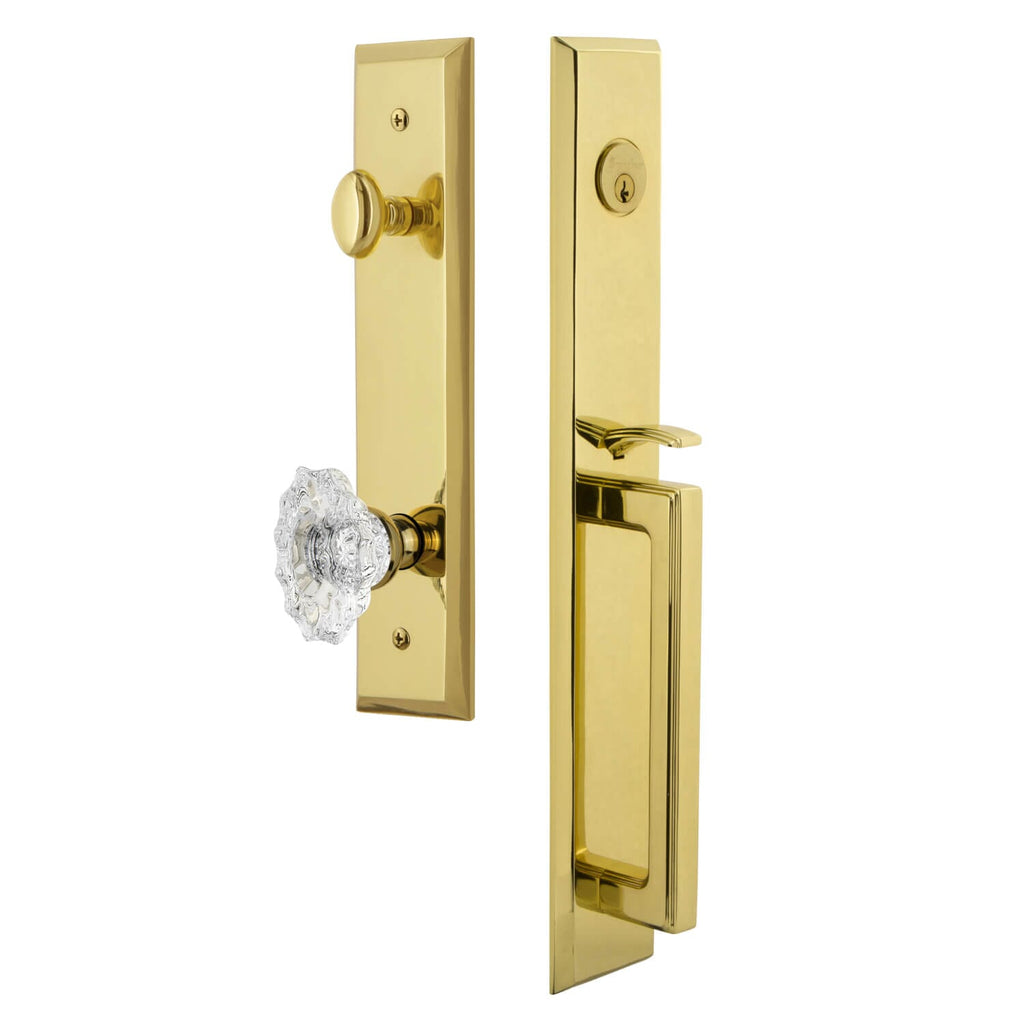 Fifth Avenue One-Piece Handleset with D Grip and Biarritz Knob in Lifetime Brass