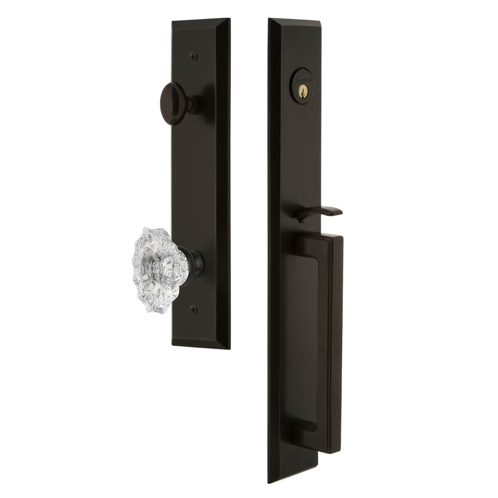 Fifth Avenue One-Piece Handleset with D Grip and Biarritz Knob in Timeless Bronze