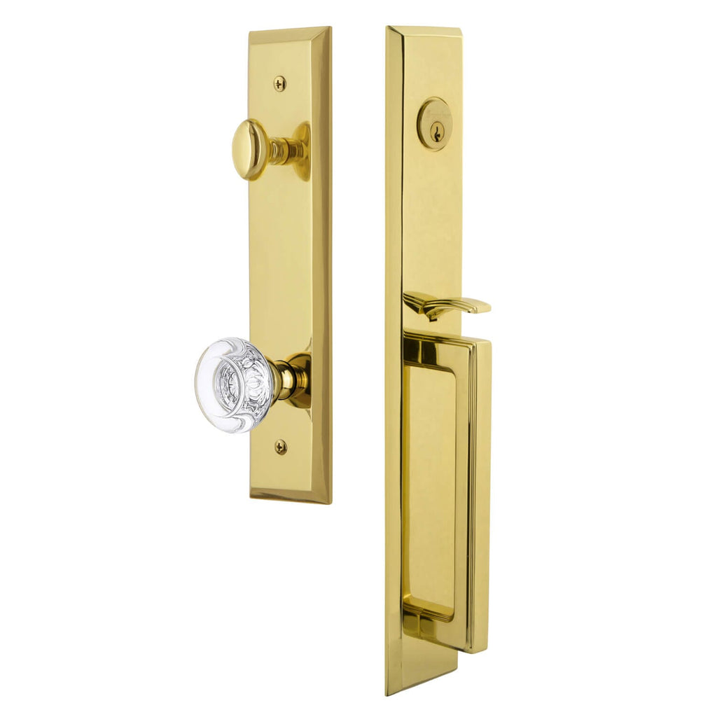 Fifth Avenue One-Piece Handleset with D Grip and Bordeaux Knob in Lifetime Brass