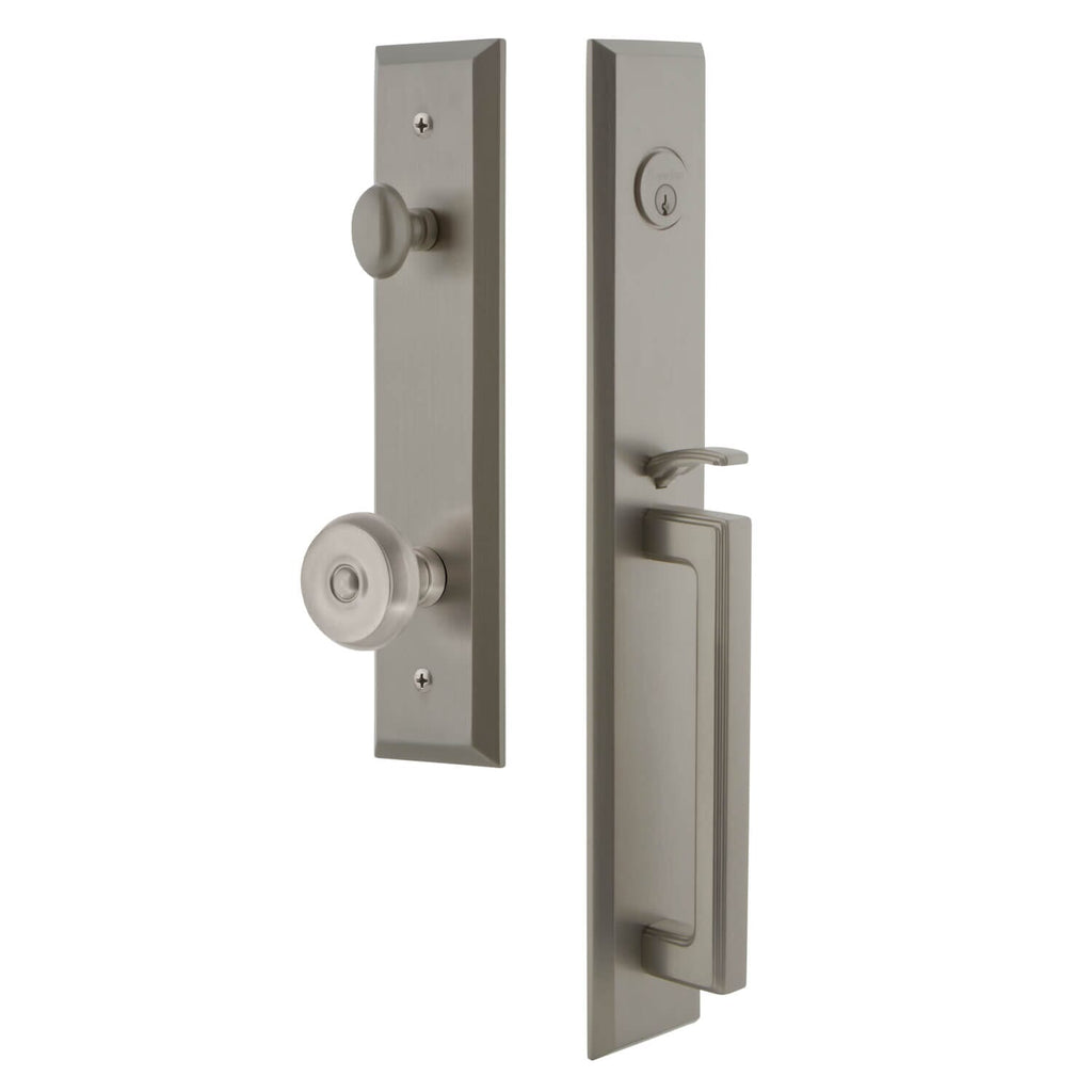 Fifth Avenue One-Piece Handleset with D Grip and Bouton Knob in Satin Nickel