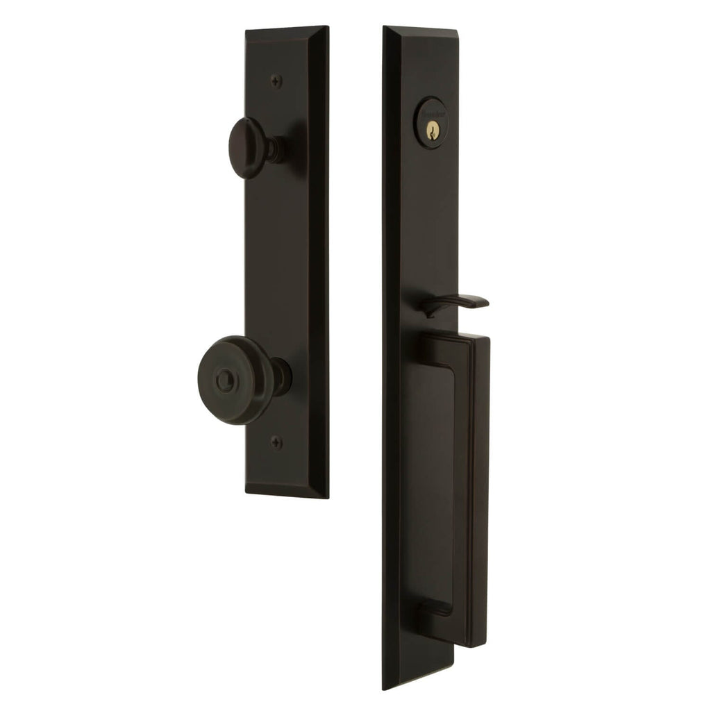 Fifth Avenue One-Piece Handleset with D Grip and Bouton Knob in Timeless Bronze