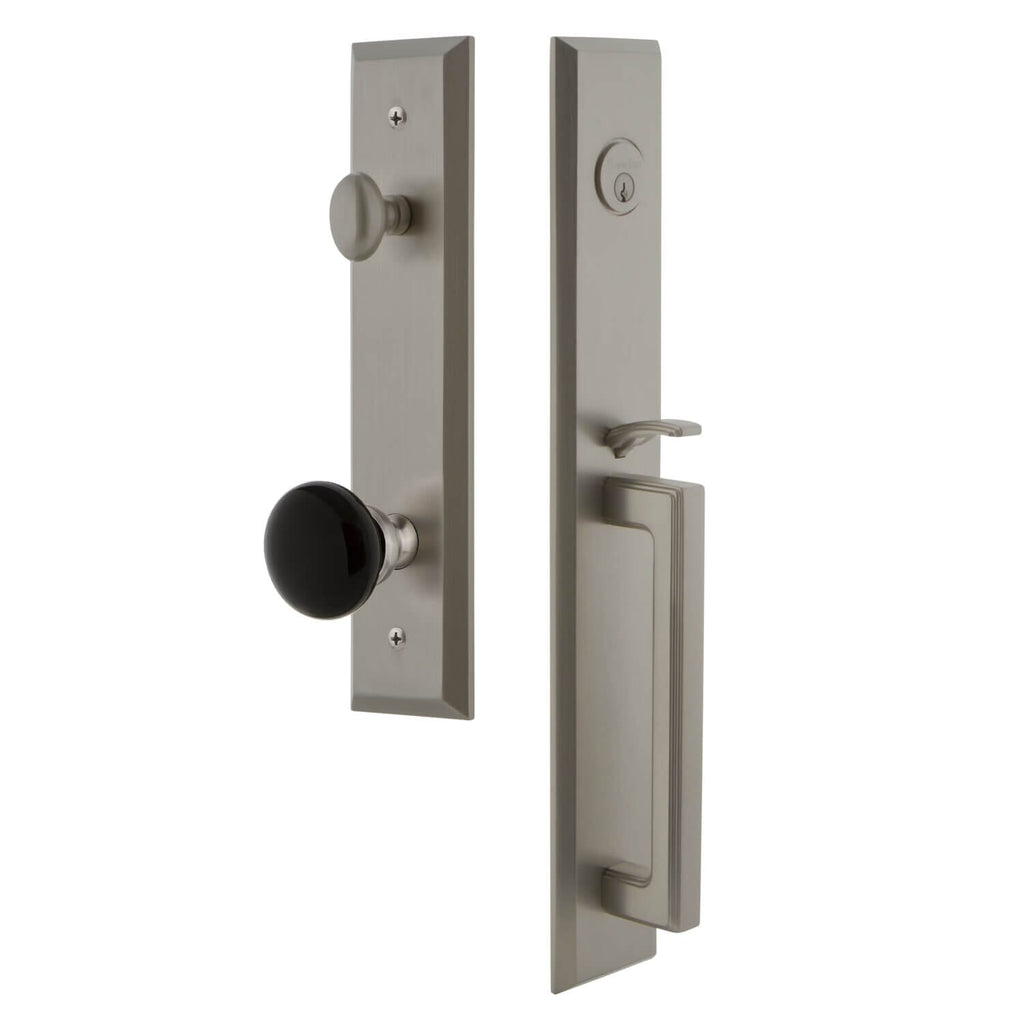 Grandeur Fifth Avenue One-Piece Handleset with D Grip and Coventry Knob in Satin Nickel