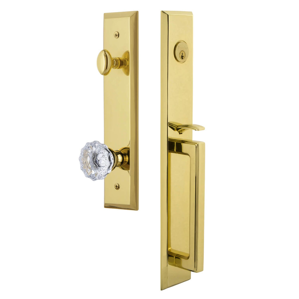 Fifth Avenue One-Piece Handleset with D Grip and Fontainebleau Knob in Lifetime Brass