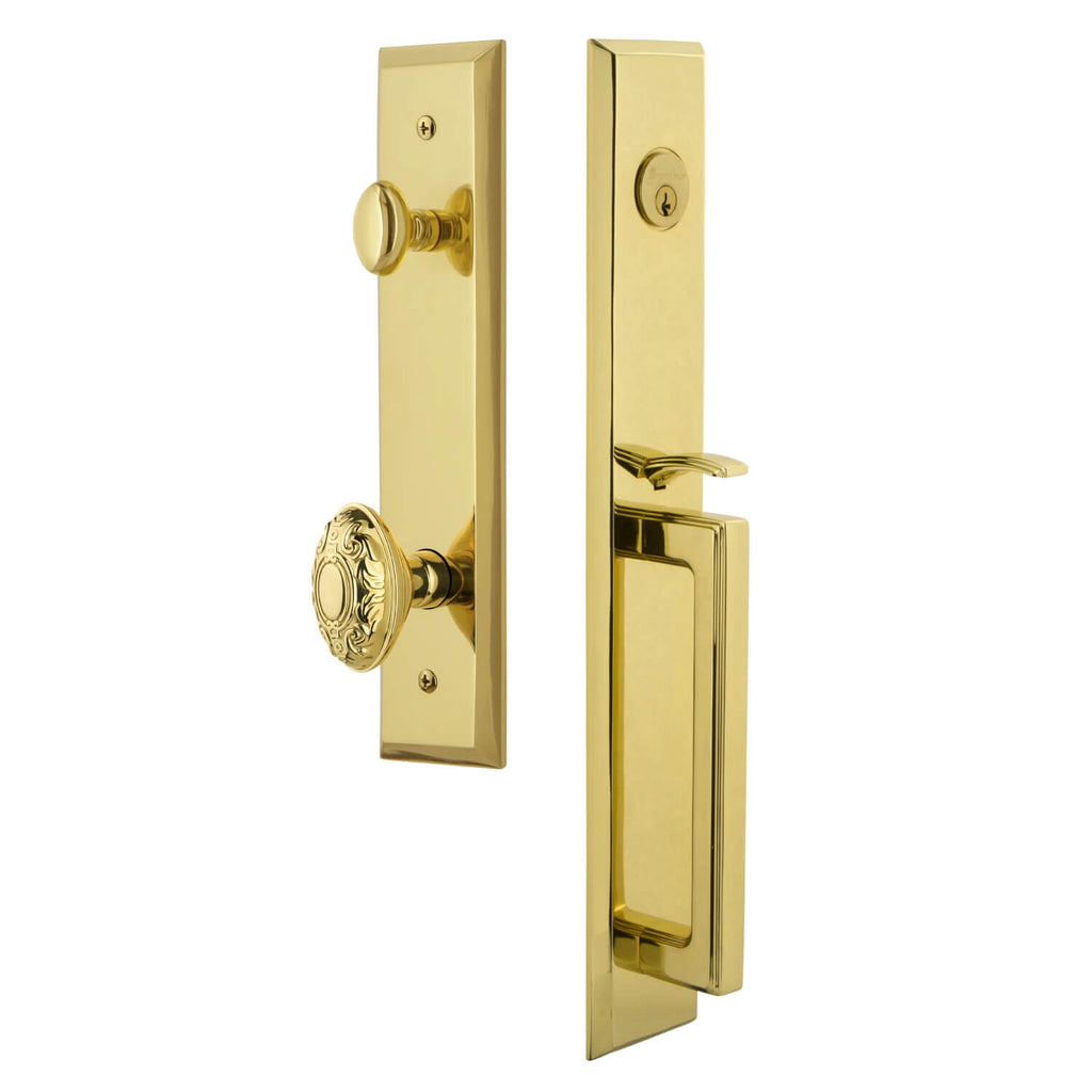 Fifth Avenue One-Piece Handleset with D Grip and Grande Victorian Knob in Lifetime Brass