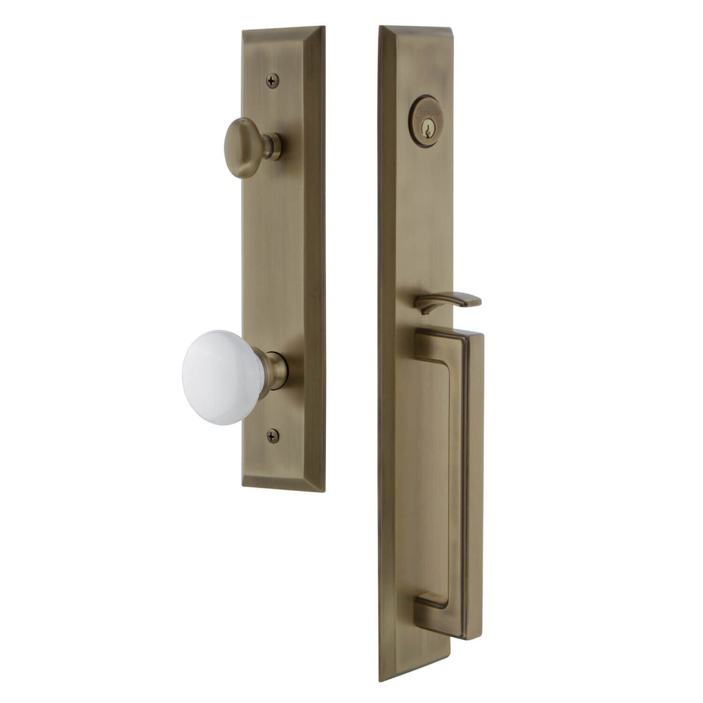 Fifth Avenue One-Piece Handleset with D Grip and Hyde Park Knob in Vintage Brass