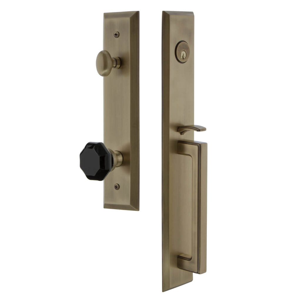 Grandeur Fifth Avenue One-Piece Handleset with D Grip and Lyon Knob in Vintage Brass