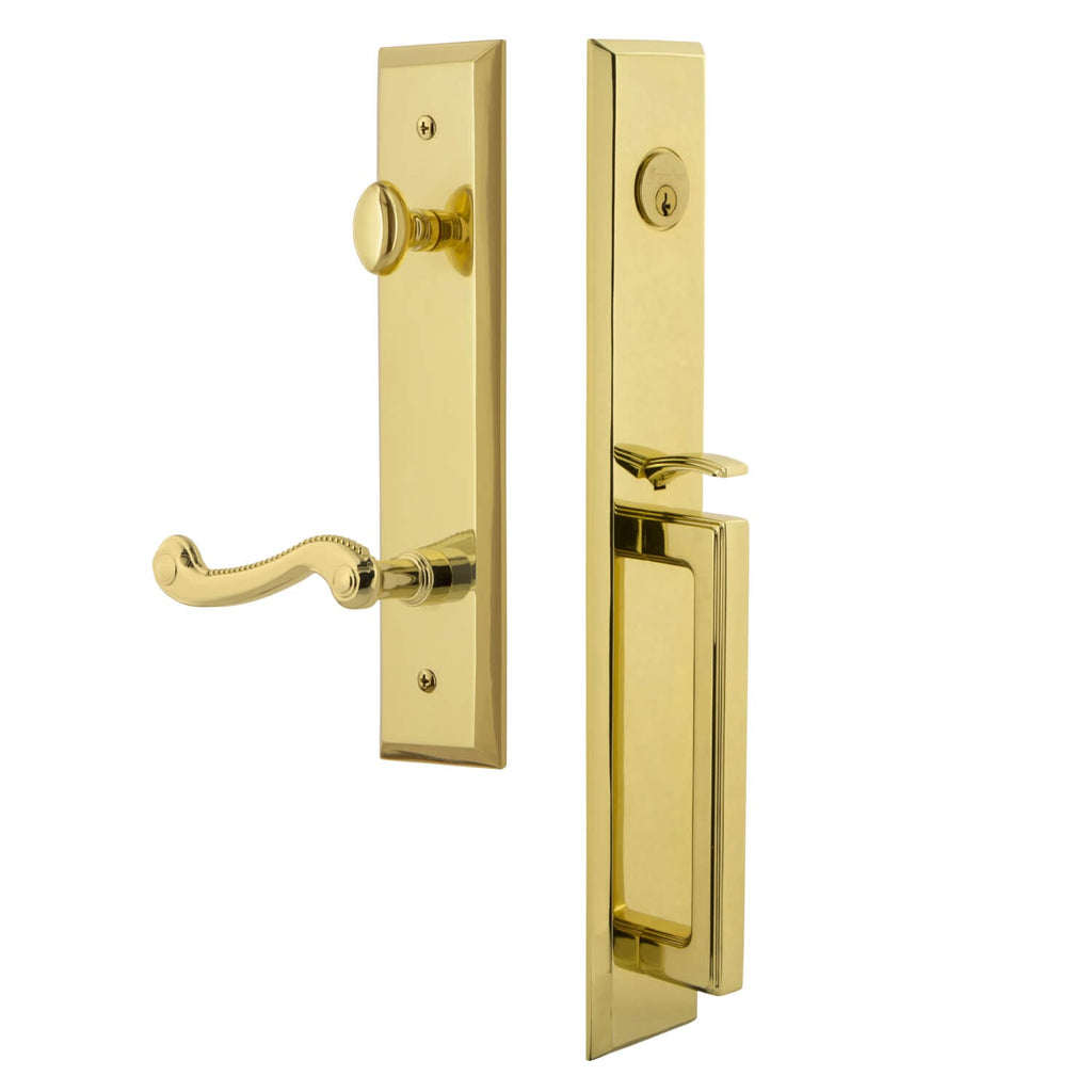 Fifth Avenue One-Piece Handleset with D Grip and Newport Lever in Lifetime Brass