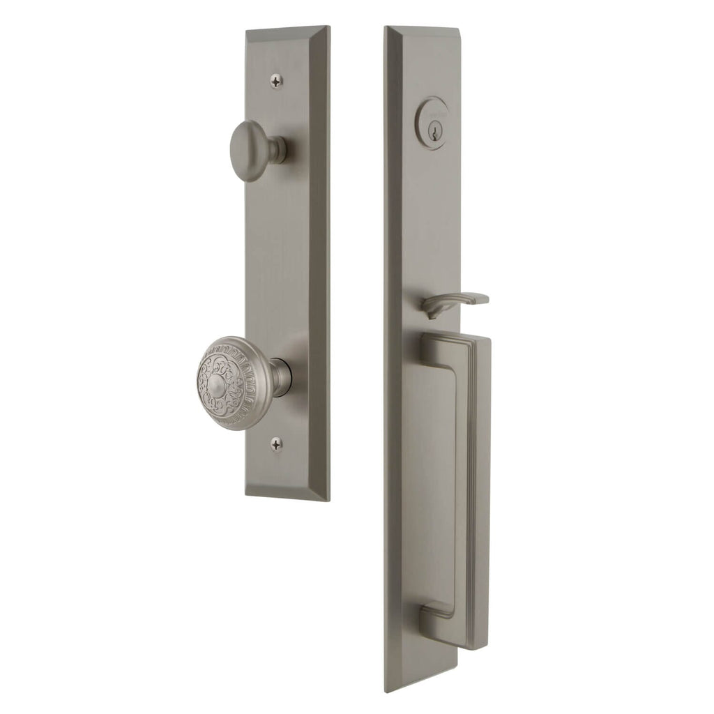 Fifth Avenue One-Piece Handleset with D Grip and Windsor Knob in Satin Nickel