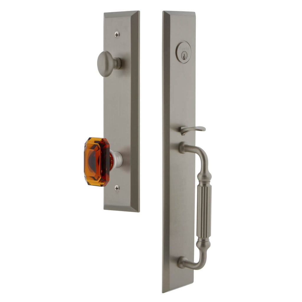 Fifth Avenue One-Piece Handleset with F Grip and Baguette Amber Knob in Satin Nickel