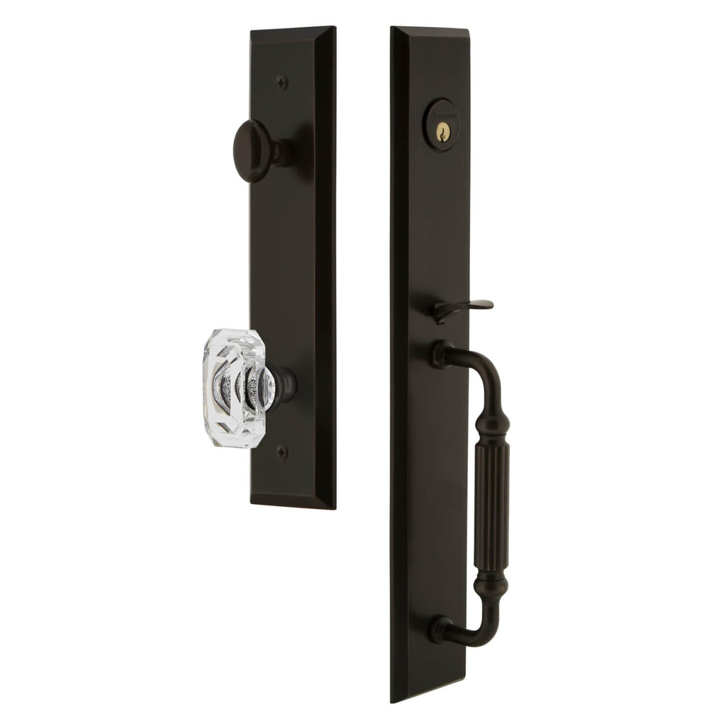 Fifth Avenue One-Piece Handleset with F Grip and Baguette Clear Crystal Knob in Timeless Bronze