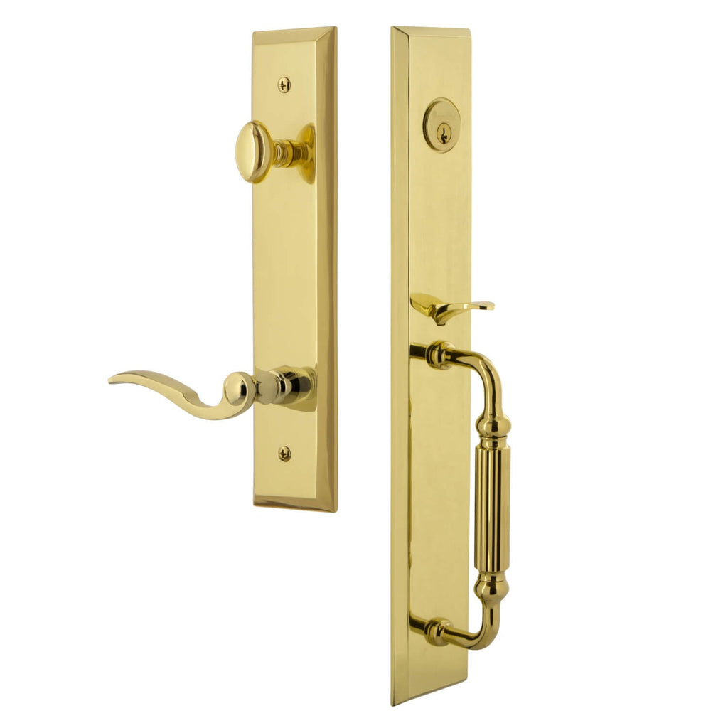 Fifth Avenue One-Piece Handleset with F Grip and Bellagio Lever in Lifetime Brass