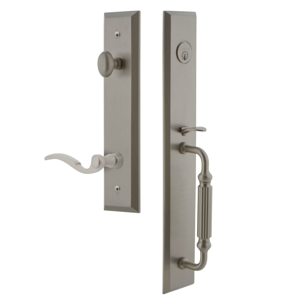 Fifth Avenue One-Piece Handleset with F Grip and Bellagio Lever in Satin Nickel