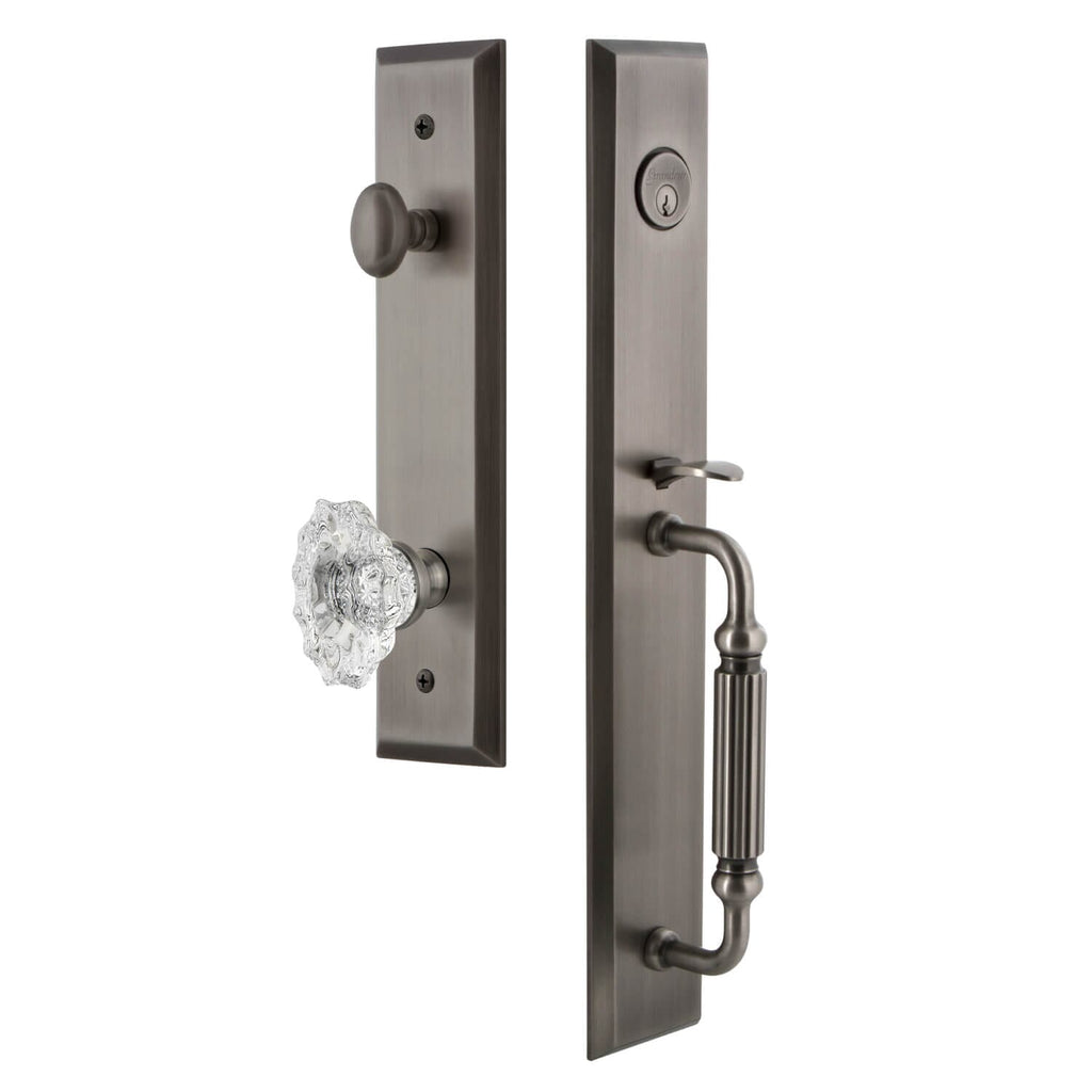 Fifth Avenue One-Piece Handleset with F Grip and Biarritz Knob in Antique Pewter