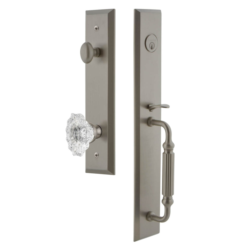 Fifth Avenue One-Piece Handleset with F Grip and Biarritz Knob in Satin Nickel