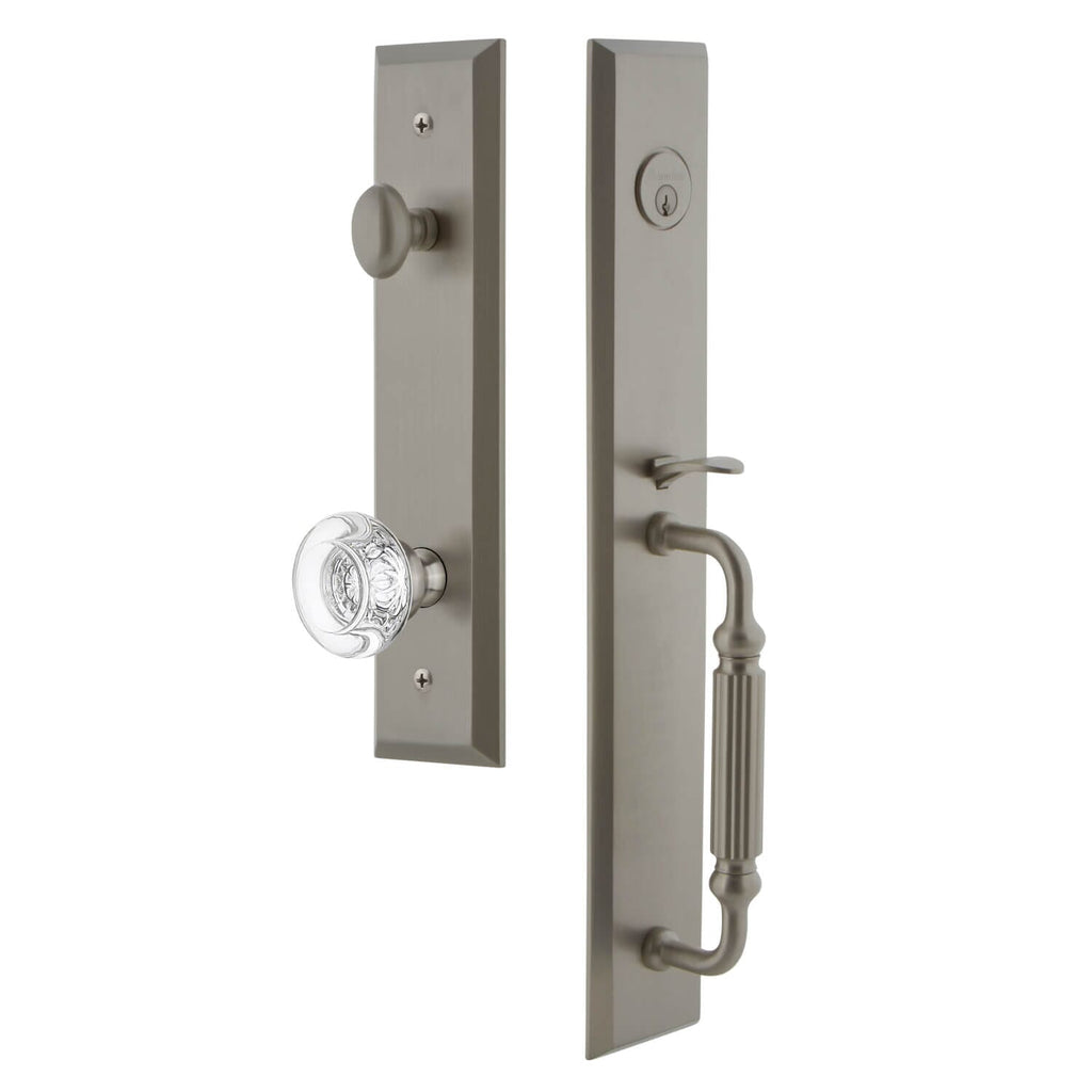 Fifth Avenue One-Piece Handleset with F Grip and Bordeaux Knob in Satin Nickel