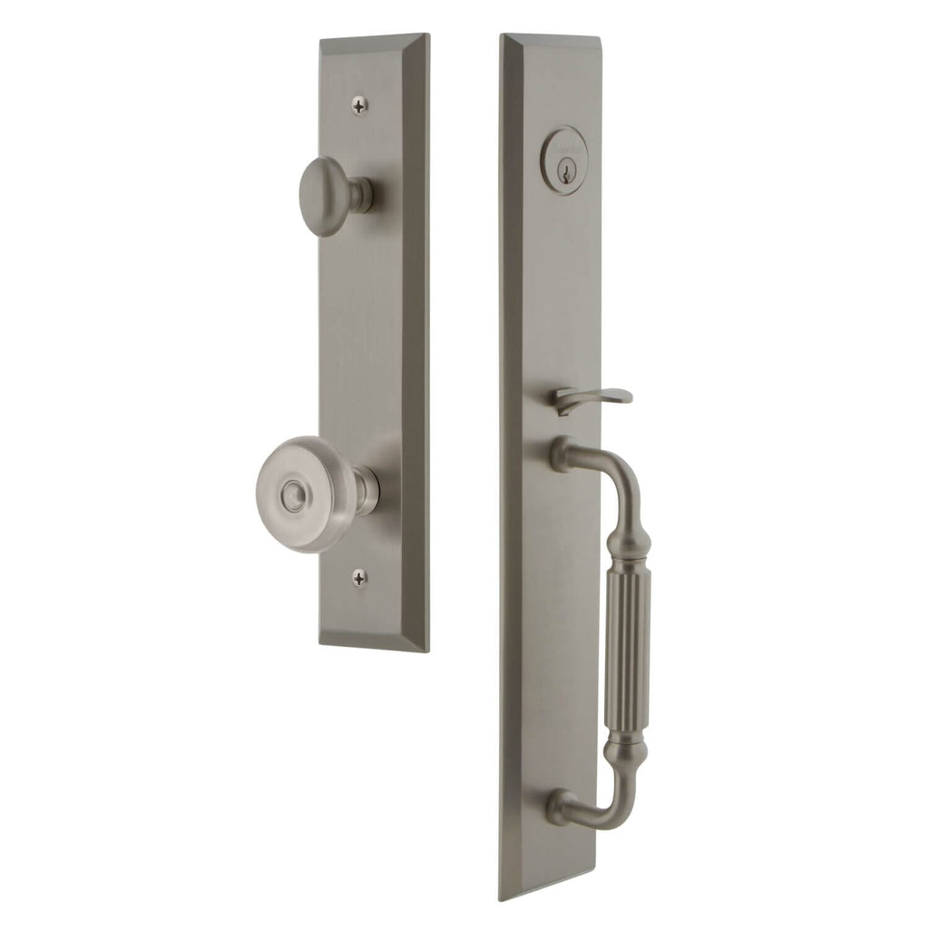 Fifth Avenue One-Piece Handleset with F Grip and Bouton Knob in Satin Nickel