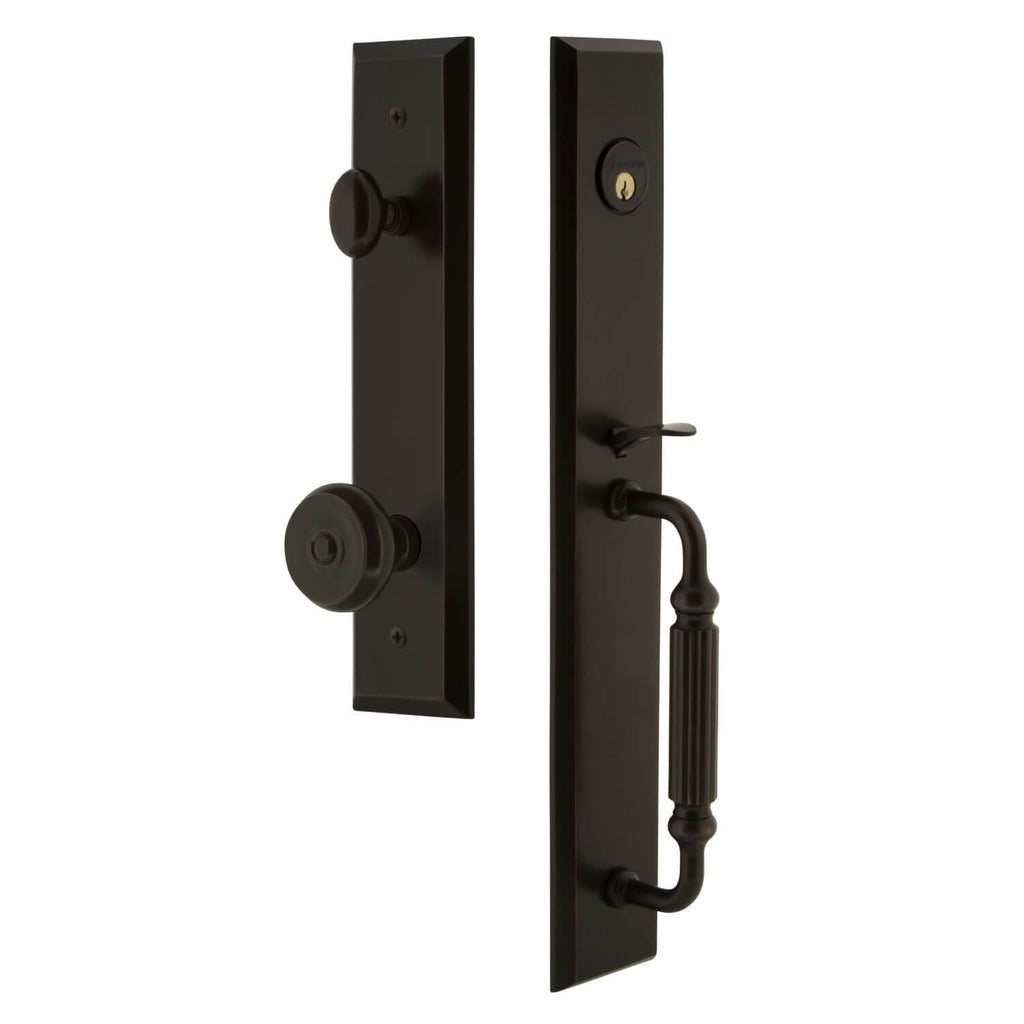 Fifth Avenue One-Piece Handleset with F Grip and Bouton Knob in Timeless Bronze