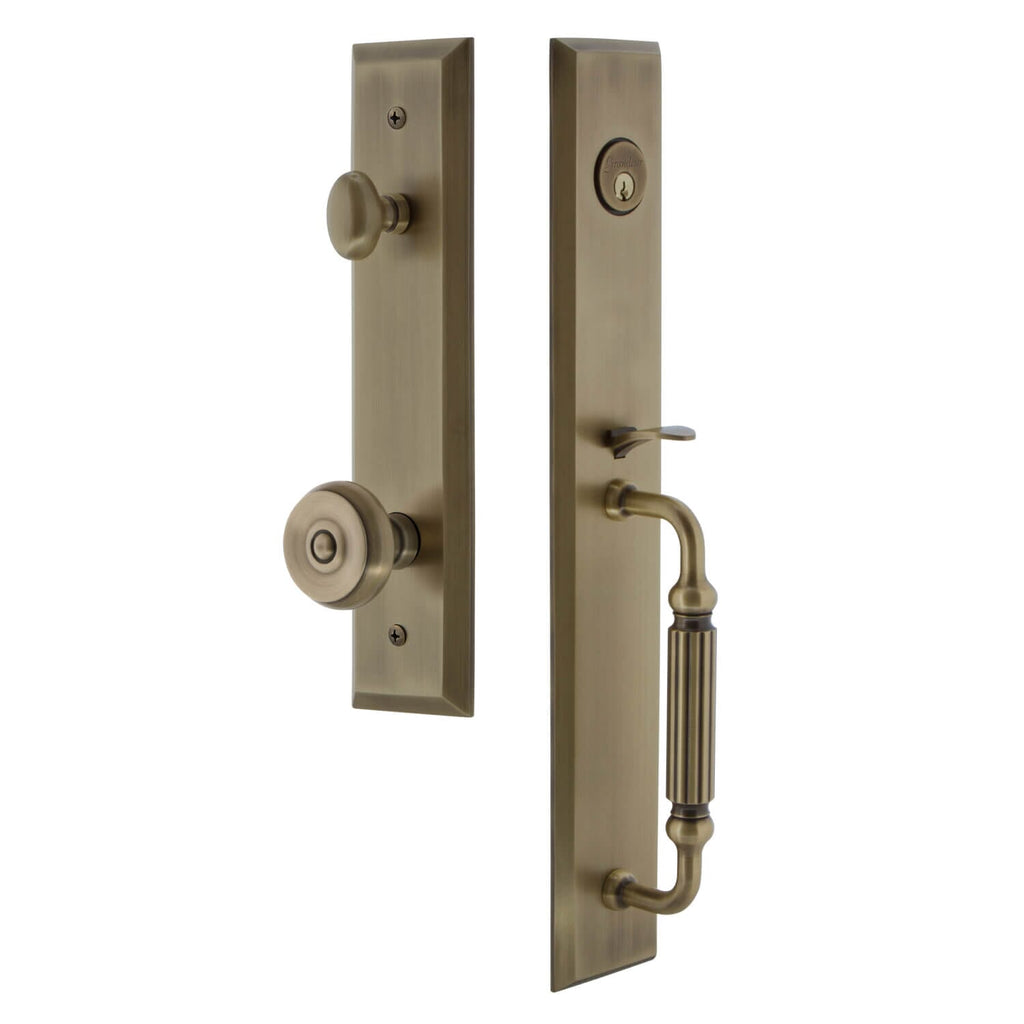 Fifth Avenue One-Piece Handleset with F Grip and Bouton Knob in Vintage Brass