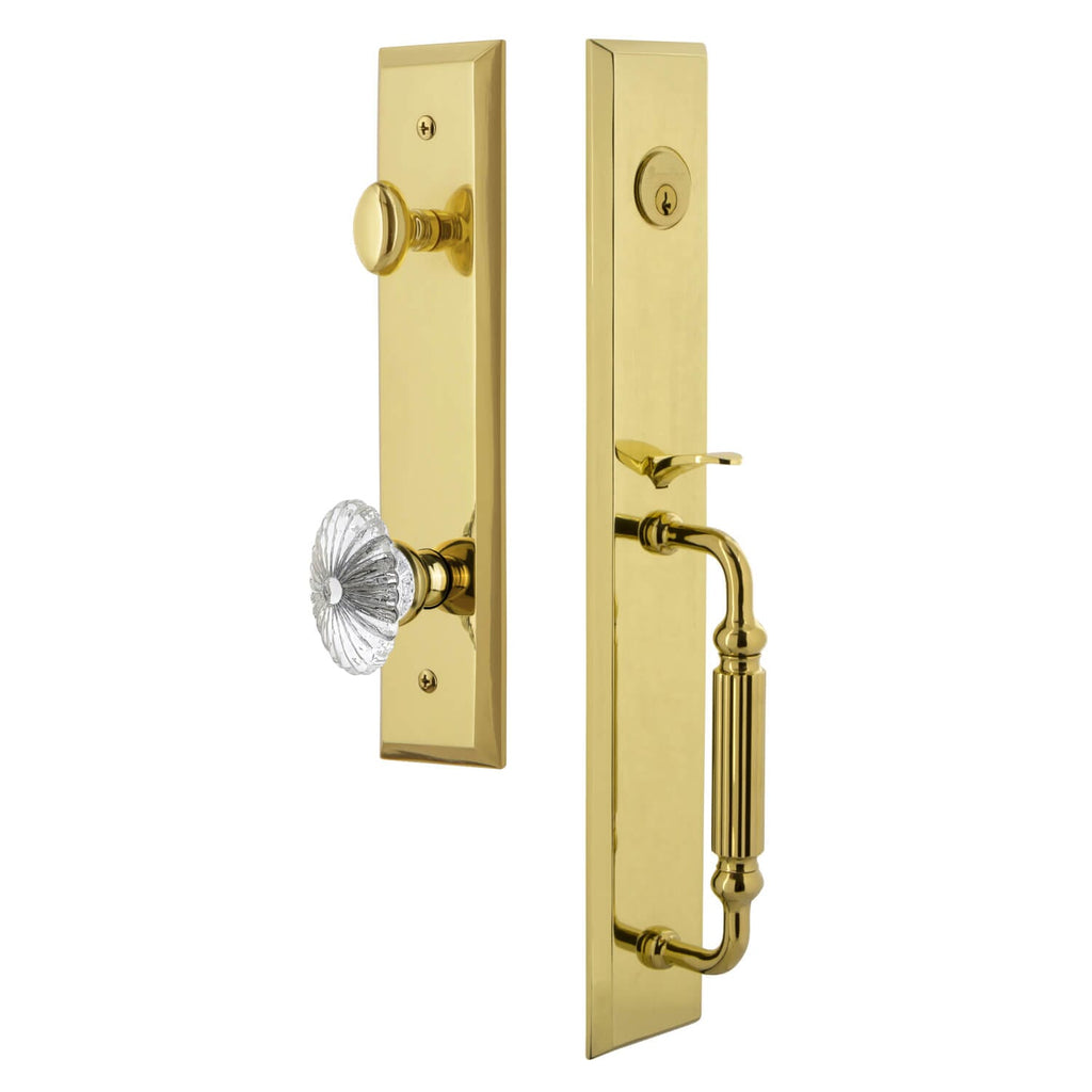 Fifth Avenue One-Piece Handleset with F Grip and Burgundy Knob in Lifetime Brass