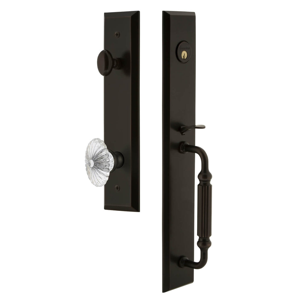 Fifth Avenue One-Piece Handleset with F Grip and Burgundy Knob in Timeless Bronze