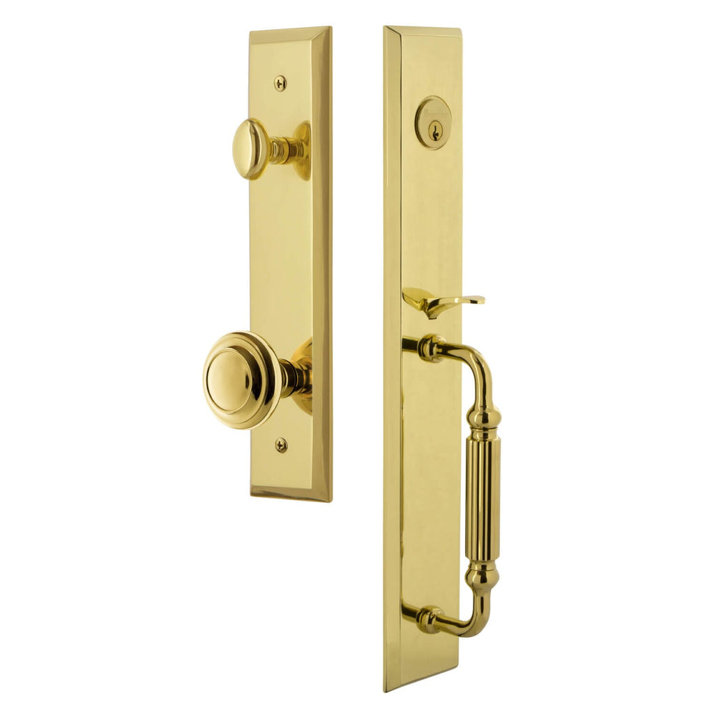 Fifth Avenue One-Piece Handleset with F Grip and Circulaire Knob in Lifetime Brass