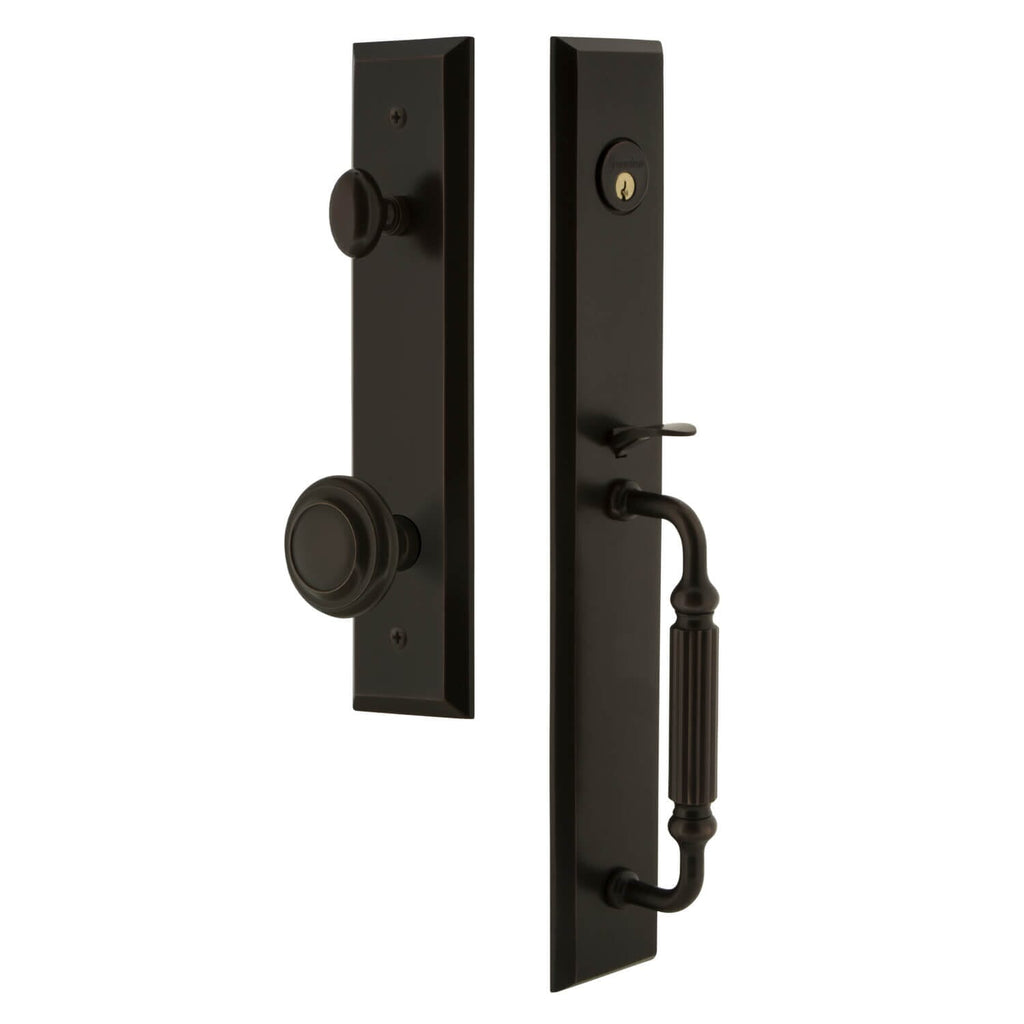 Fifth Avenue One-Piece Handleset with F Grip and Circulaire Knob in Timeless Bronze