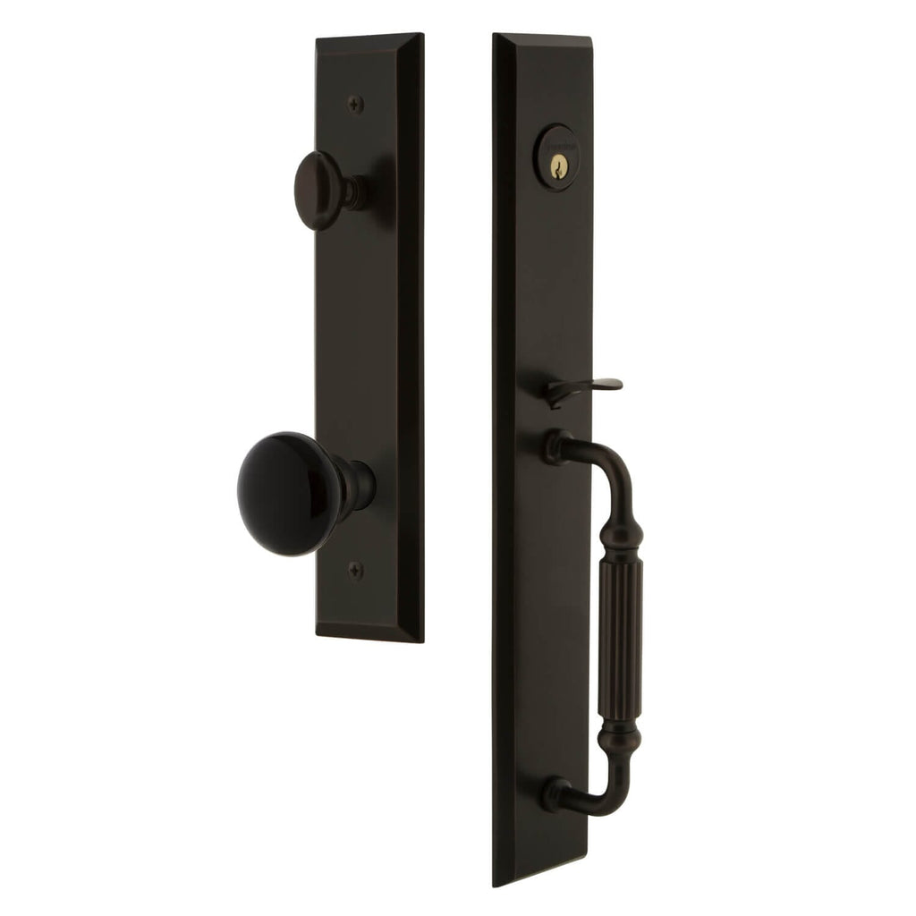 Grandeur Fifth Avenue One-Piece Handleset with F Grip and Coventry Knob in Timeless Bronze