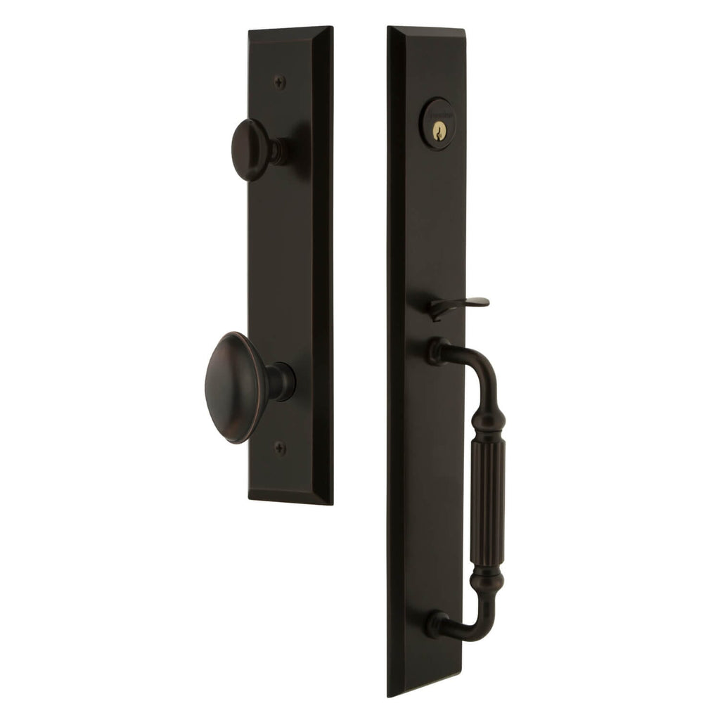 Fifth Avenue One-Piece Handleset with F Grip and Eden Prairie Knob in Timeless Bronze