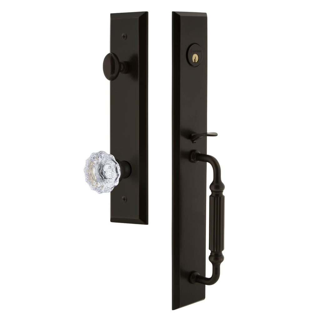 Fifth Avenue One-Piece Handleset with F Grip and Fontainebleau Knob in Timeless Bronze