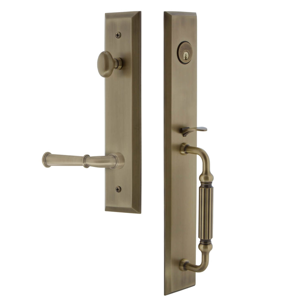 Fifth Avenue One-Piece Handleset with F Grip and Georgetown Lever in Vintage Brass