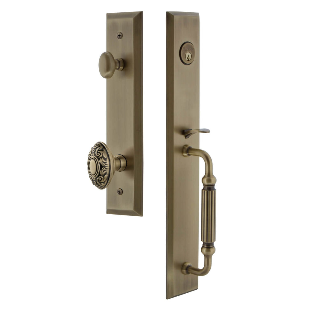 Fifth Avenue One-Piece Handleset with F Grip and Grande Victorian Knob in Vintage Brass